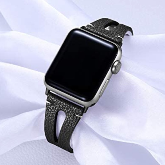NEW Apple-compatible black leather watch band - Picture 1 of 9